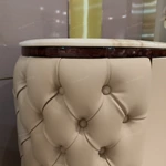 Oval Marble-Top Sideboard with Deep Button-Tufted Leather Panels and High-Gloss Lacquer Frame